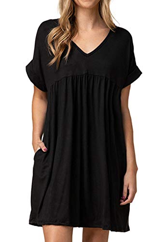 Image of Jayscreate Women's Baby Doll Dress Summer Casual Tunic Pleated Flowy Swing Short Sleeve Black V Neck Mini Dress