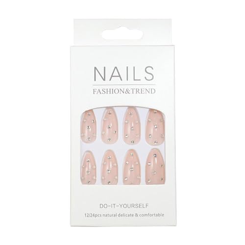 Image of NBNTGH Nude Rhinestone Rhinestone Press On Nails Medium Almond False Nails 24Pcs Glue On Nails Artificial Acrylic Full Cover Glossy Stick On Nails