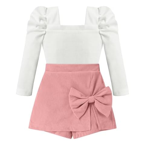 KISSB Girls Clothes Skirt Set Fall Winter White Square Neck Tops and Pink Girl Skirt Shorts Cute Clothes for Girls 9-10 Cover