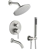 Shower System with Tub Spout, Bathtub Shower Faucet Set, 8' Rain Shower Head and Handheld Spray Combo, Round Shower Head and Handle Set with Tub Spout (Valve Included), Brushed Nickel