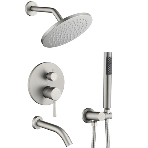 RF SUNUAN Shower System with Tub Spout, Bathtub Shower Faucet Set, 8' Rain Shower Head and Handheld Spray Combo, Round Shower Head and Handle Set with Tub Spout (Valve Included), Brushed Nickel