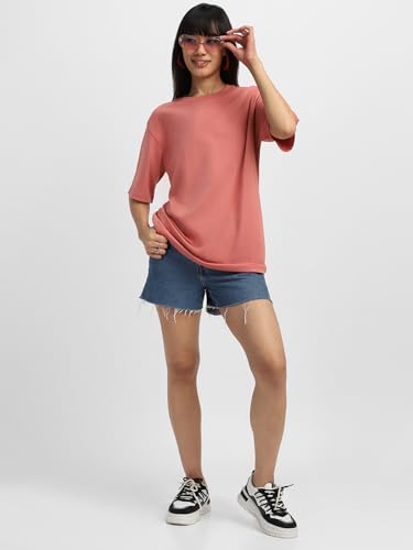 Image of JUNEBERRY Pure Cotton Oversized Baggy Fit Half Sleeve Drop Shoulder Plain Solid Round Neck T-Shirt for Women (Available in Black, White, Lilac, Cork, Maroon, Royal Blue, Swan White, Soap Nut Colors)