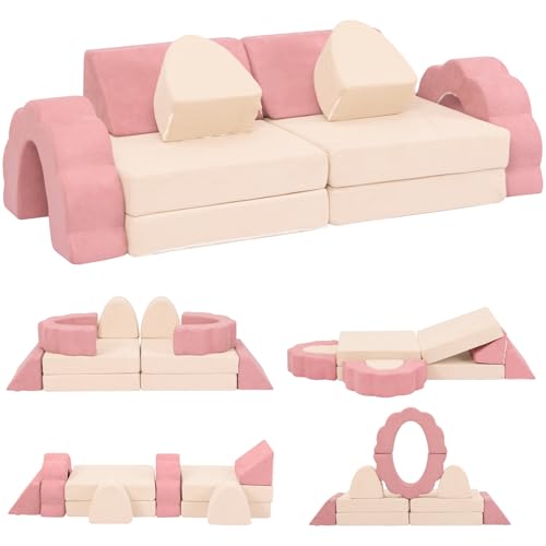 Annualring 10-Piece Mini Kids Play Couch Modular Flower Foam Sofa Convertible Soft Play Sofa with Washable Cover Indoor Climbing Furniture for Playroom Pink & Beige