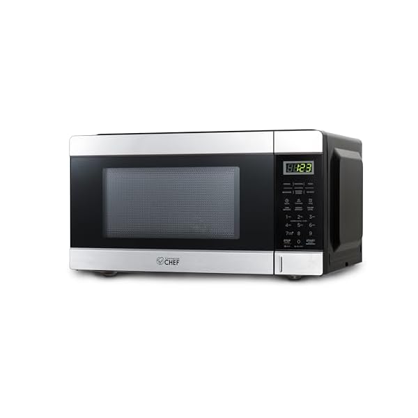 COMMERCIAL CHEF 1.1 Cu Ft Microwave with 10 Power Levels, Small Microwave with Push Button, 1000W Countertop Microwave with Kitchen Timer, Door Lock, & Digital Controls, Stainless Steel