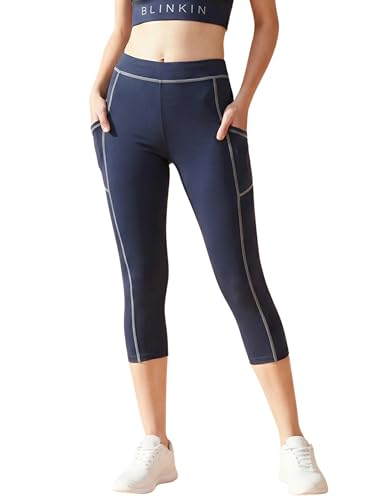 Image of BLINKIN Women's 3 /4 Gym Wear Tights for Women with Side Pockets : Perfect for Active Wear, Yoga & Workout - The Ultimate Gym Pants for Woman & Girls (015)