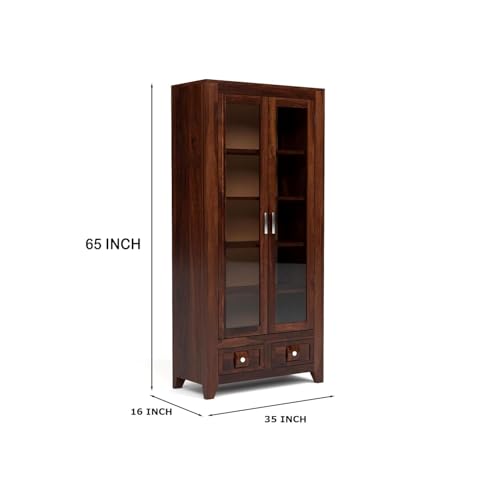 Image of Solid Sheesham Wood Book Cabinet with Acrylic Glass Doors | Rosewood Display Storage Unit with Shelves & Drawers for Home & Office | Louge (A-Walnut)