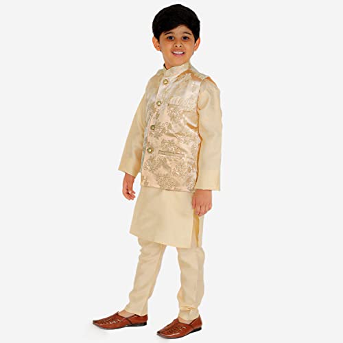 Image of Pro-Ethic Style Developer Kurta Pajama For Kids Boys With Waistcoat | Silk | Floral | Traditional Dress (S-209)