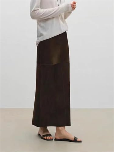 Women Suede Leather Long Skirt Back Split Waist Loop Ankle-Length Casual Straight Skirt2