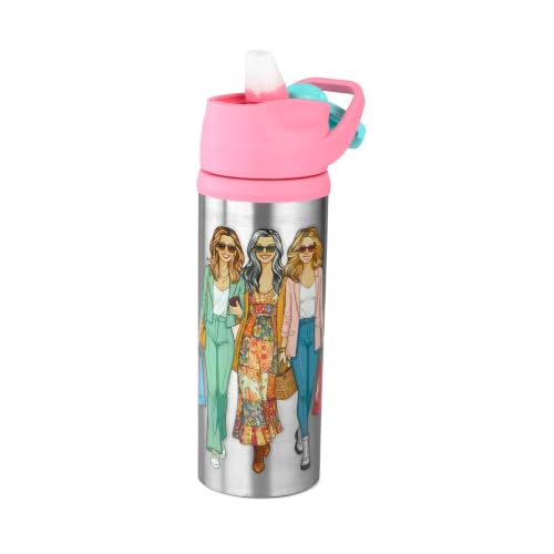 Image of Stainless Steel 600ML Sipper Water Bottle for Kids & Adults | Leakproof BPA-Free Bottle with Flip Lid & Carry Handle | Trendy fashion Print Design (Pack of 1, Pink)