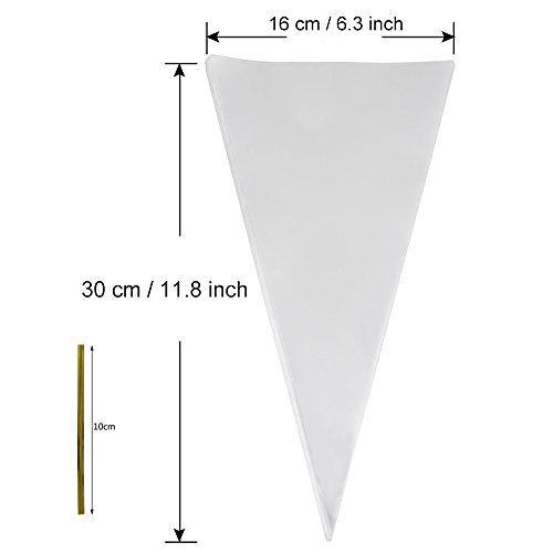 Coolake Clear Cone Bags 100Pcs Cellophane Triangle Clear Treat Bags With Gold Twist Ties For Christmas Candy Popcorn Handmade Cookies Sweets Crafts 11.8” By 6.3” #TOP4
