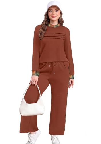 Image of WIHOLL Two Piece Sets for Women Fall Travel Vacation Outfits 2026 Long Sleeve Lounge Sets Side Slit Wide Leg Pants XS-3XL