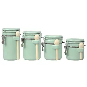 Home Basics Canister Sets For The Kitchen (4 Piece Set) Mint, High Gloss Ceramic Decorative Kitchen Set | With Wooden Spoons, Countertop Set For Flour, Sugar, Coffee, and Snacks