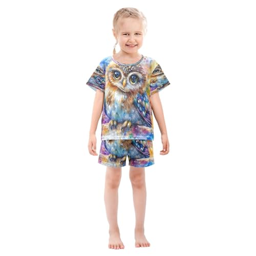 ALAZA Owl Color Bird Art Pajamas Set Short Sleeve Cotton Sleepwear Summer Pjs 2 Piece 5-14Y3