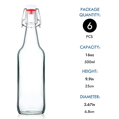 Image of YEBODA 16 oz Clear Swing Top Glass Bottles with Airtight Lids, 6 Pack | Reusable clear glass bottles for home brewing, kombucha, beer, soda, juice, water, kefir, vanilla extract, oil and vinegar