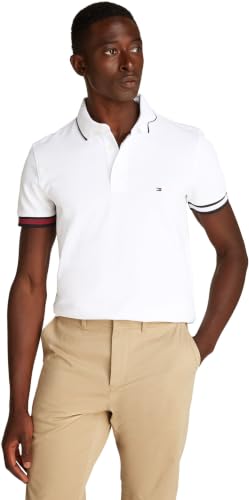 Tommy Hilfiger Uomo Maglietta Polo Maniche Corte Flag Cuff Slim Fit, Bianco (White), M