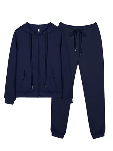 REORIA Women Zip Up Hoodie and Slim Long Pants Warm Cotton Lounge Wear Sets Two Piece Outfit Thick Long Sleeve Tracksuits Full Set Co Ord Sets With Pockets Navy Blue XL
