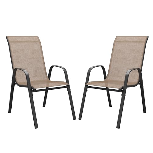Image of DIFY Patio Chairs Set of 2, Stackable Outdoor Dining Chairs Set with Breathable Textilene High Back and All-Weather Metal Frame for Garden, Backyard, Deck, Brwon
