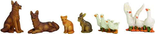 ÖLBAUM 6 x Mini-Dekofiguren mit 2 Hunden, Katze, Hase, Enten und Gänse im Set, MINIFIGUREN braun-grau-Mehrfarbig, Größe max. 3 cm, Weihnachtskrippe - für 5-10 cm Figuren