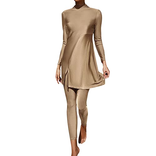 Bikini sexy de cintura alta mujeres verano Burkini traje de baño mujer dos piezas conjunto traje de baño de manga larga playa traje de baño con pliegues Bikini bandera, caqui, M