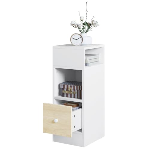 EUGAD Mesita de Noche con 2 Compartimentos y 1 Cajón, 25x30x66 cm, Mesilla de Noche Estrecha Dormitorio, Estilo Moderno, Mesita Auxiliar Alta de Madera, Blanco Vetas de Madera, 0011CTG