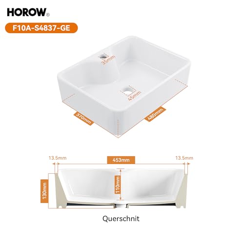 HOROW Aufsatzwaschbecken Rechteckig 48x37x13 cm - Weißes Keramik-Waschbecken mit Hahnloch für Bad klein Gäste-WC - Leichte Reinigung, Platzsparend, Modern