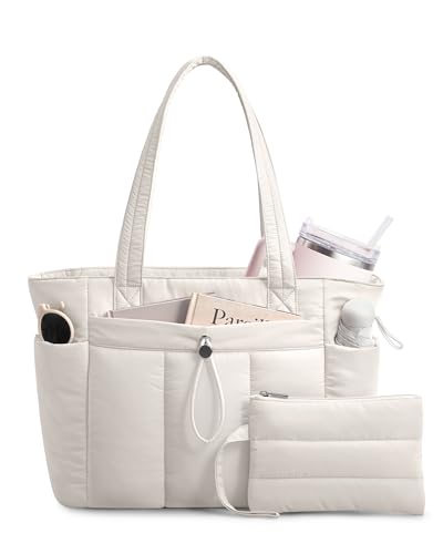 TOPDesign Puffy Tote Bag for Women with Cup Holder & Laptop Compartment & Cosmetic Bag & Trolley Sleeve for Work Travel (M Light White)
