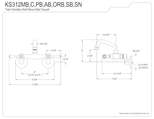 Robinet mural Kingston Brass KS312SN nickel brossé double commande - 6