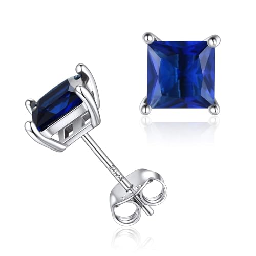 Clou d'Oreilles pour Femme - Boucle d’oreilles Puces en Argent 925 avec Cristaux Saphir Bleu Pierre Carré Diamètre 6 mm Brillante Bijoux Cadeaux...