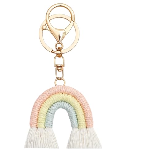 huoflame Schlüsselanhänger Regenbogen Boho – Handgemachtes Makramee Schlüsselanhänger mit Quaste – Mini Regenbogen Anhänger für Tasche, Geschenk für Patentante, Taufpatin, Babyparty, Kinder, Frauen