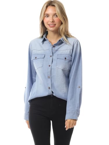 Design by Olivia Women's Roll up Sleeve Button Down Chambray Denim Shirt4