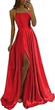 YMSHA Women's Spaghetti Strap Satin Halter Prom Dresses 2023 Long A-line High Slit Backless Formal Evening Gown with Pockets Red 4