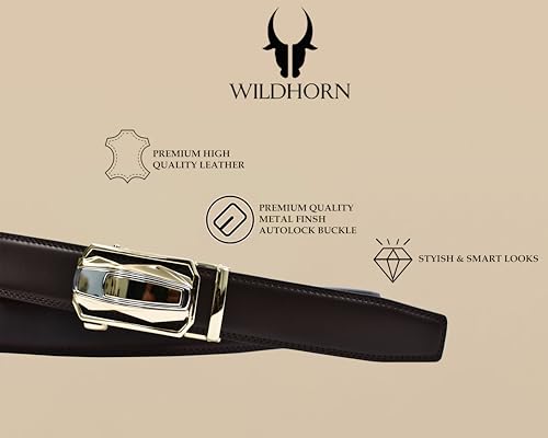 Image of WildHorn Men's Leather Belt Gift Set | Genuine Leather belt Strap with 2 Interchangeable Buckles | Formal & Casual Wear Adjustable Belt | Automatic lock leather belt for men