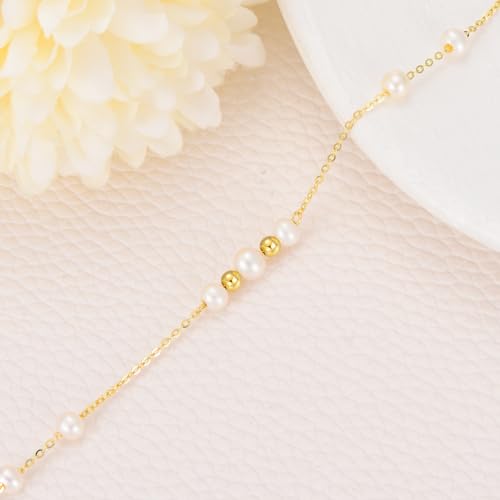 14K Solid Gold Pearl Bracelet for Women,8 Freshwater Cultured Pearl with Gold Bead Bracelets Anklets Anniversary Christmas Birthday Mother’s Day Jewelry Gifts for Mom Wife Her 6.5''+1''+1''2