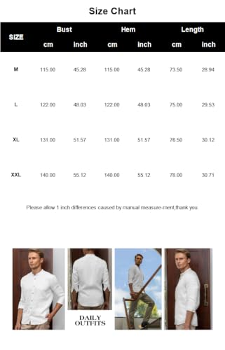 Mens Casual Linen Shirts 3/4 Sleeve Button Down Banded Collar Summer Beach Shirt2