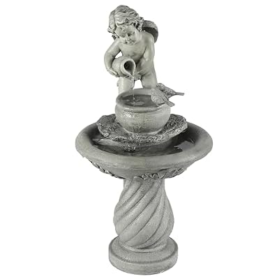 LuxenHome 34 Inch Outdoor Water Fountain, Resin Cherub Angel Water Fountains Indoor and Outdoor, Angels and Bird Garden Water Fountain, Decorative Waterfall for Backyard
