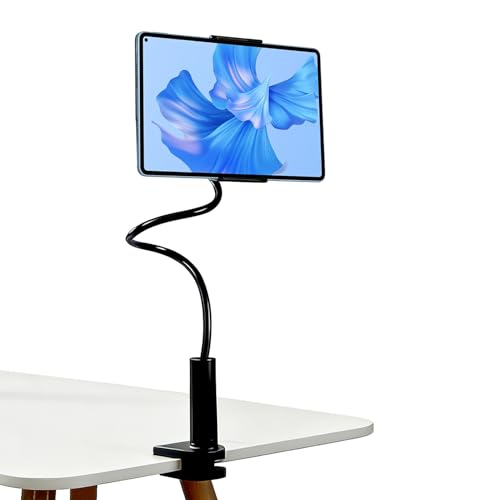 QTORCHE Support Tablette Lit Col de Cygne Réglable Stable Bras Alliage 80cm pour Téléphone iPhone iPad Samsung Kindle Switch 4-10.6 Pouces, Fixation Solide Anti-Glisse & Confort Optimal Noir