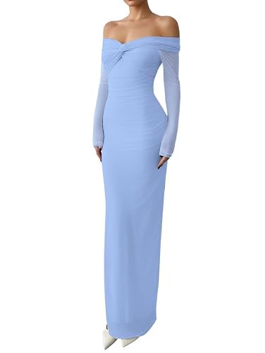 Colysmo Off Shoulder Long Sleeve Bodycon Maxi Dress Mesh Twist