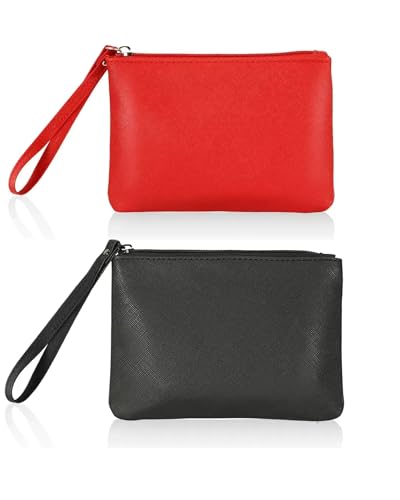 2 Pack Small Zipper Pouch Mini Makeup Bag for Purse Lipstick Cosmetic Travel Make Up Organizer for Women Essentials, Car Change Coin Holder 4.5 x 6.5 Clutch Stadium Approved Wristlet, Black Red