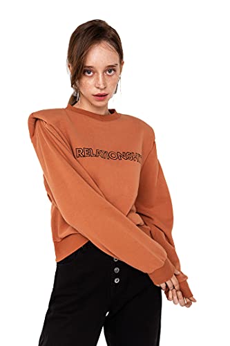 befree Femme Sweat-Shirt avec Épaulettes et Inscription Brodée sur la Poitrine Marron XL Cover