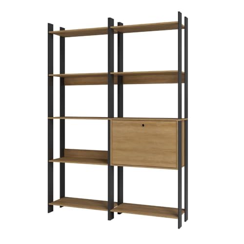 BRV Móveis Kit 2 Estantes para Livros Estilo Industrial com 10 Prateleiras e Portas Lâmina Mel/Preto – Livreiro Organizador para Home Office e Sala