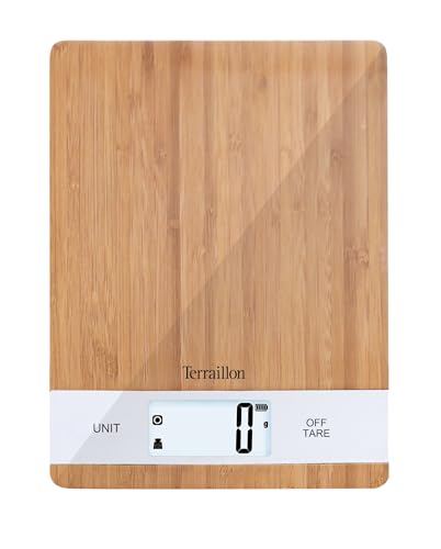 TERRAILLON BAMBOO - Bilancia da cucina USB ricaricabile tramite USB, spegnimento automatico, funzione tara e conversione liquida, portata 5 kg, bambù, BAMBOU