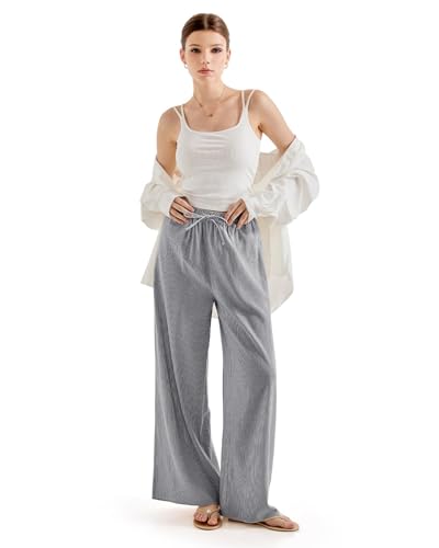 FLYSHEWIN Women Wide Leg Linen Pants with Pocket Casual Flowy Lounge High Waist Loose Palazzo Pants Summer Outfits Petite Trendy 2025 Beach Vacation Travel Outfits(Striped Black,XS) — view 5