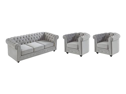 Vente-unique - Canapé 3 Places et 2 fauteuils Chesterfield - Velours Gris Clair