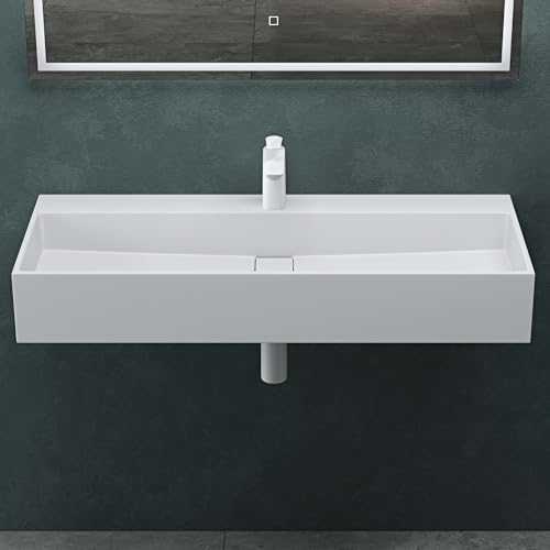 Mai & Mai Lavabo da Appoggio 100x40x14cm, Lavabo Bagno Sospeso Lavandino Bagno da Marmo Fuso con un Foro per la Rubinetteria, Bianco opaco, Colossum6028