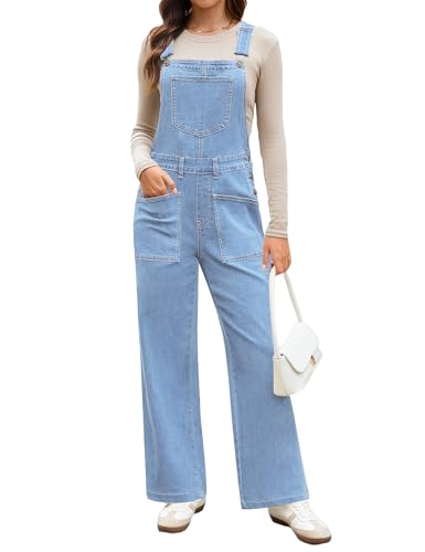 luvamia Jean Overalls for Women Loose Fit Baggy Jean Jumpsuit Wide Leg Bib Pocket Adjustable Straps Stretchy Work Overalls Fall Womens Clothes Azure Glow Size Medium US 8 to 10