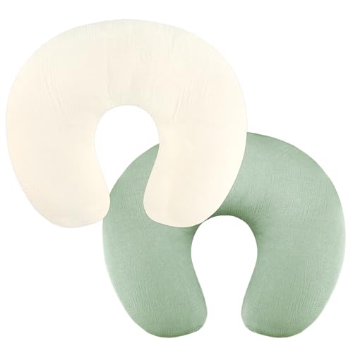 Image of GFU Muslin Nursing Pillow Covers 2 Pack, Soft Feeding Pillow Slipcover for Breastfeeding Moms, Removable Case for Baby Girl and Boy (Beige,Green)