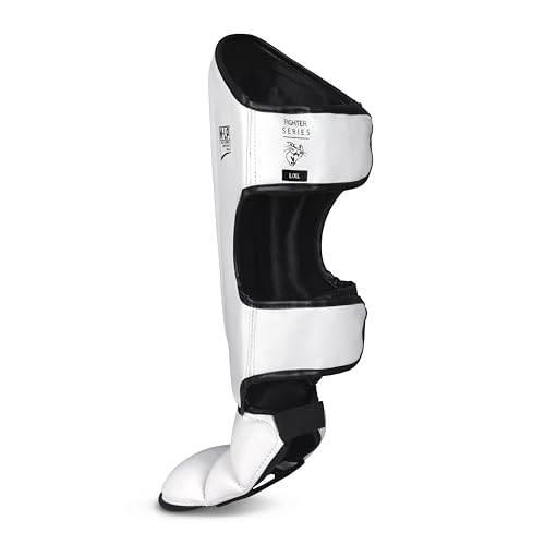 Image of MAUZER Muay Thai MMA Shin Guards with Instep Foot Protection High Density EVA Padding Adjustable Velcro Straps Synthetic Leather Kickboxing Guards (White and Black, Small)