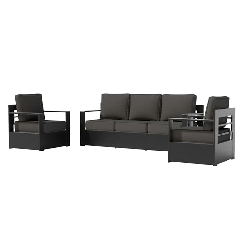 3 PCS Aluminum Patio Conversation Set - Outdoor 3-Seater Sofa, 2 Fixed Chair with 6