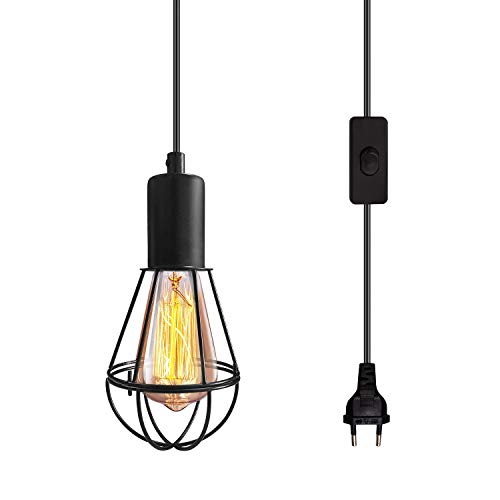 Suspension Luminaire Industrielle Luminaire Plafonnier Industriel Lustre Industriel Vintage Noir Lampe Cage,4.5M Cable avec Interrupteur,Douille E26/E27 Lustre avec Prise pour Cuisine Bar Café(4.5M)