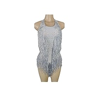 ODIZLI Women's Sparkle Sequins Fringe Leotard – One-Piece Bodysuit For Latin Dance, Backless With Invisible Zipper